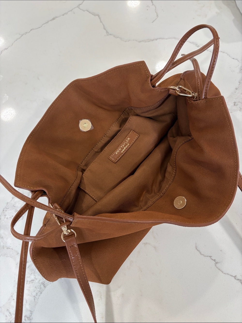 Ann Taylor Cognac Brown Suede Drawstring Shoulder Bag Purse - Picture 13 of 14